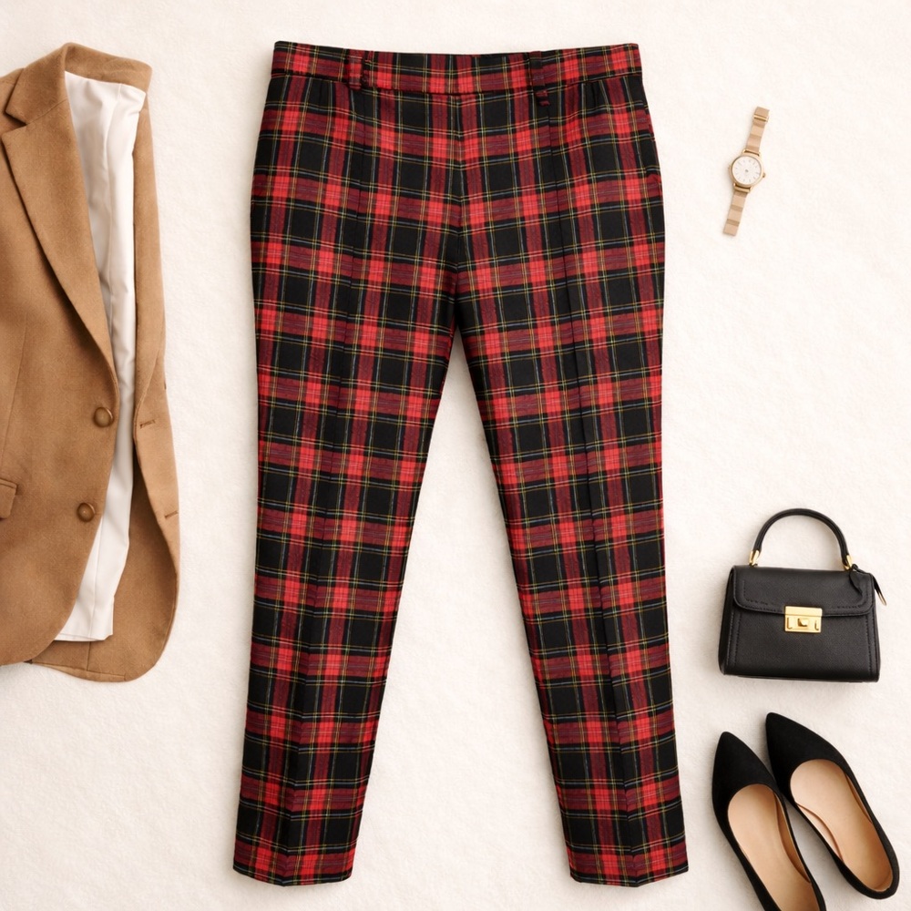 ZARA Woman Red/Black/Yellow Pin Stripe Plaid Tartan Slim Ankle Pants • Size 6